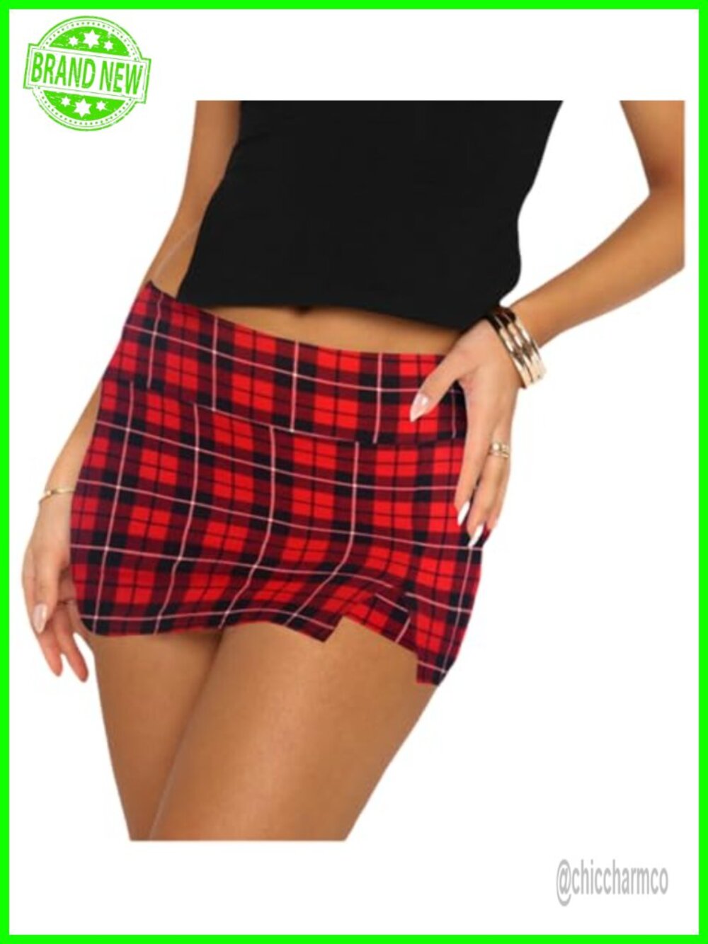 Mini Skort Built in Shorts Mid-Waist Front Split Stretchy Jersey